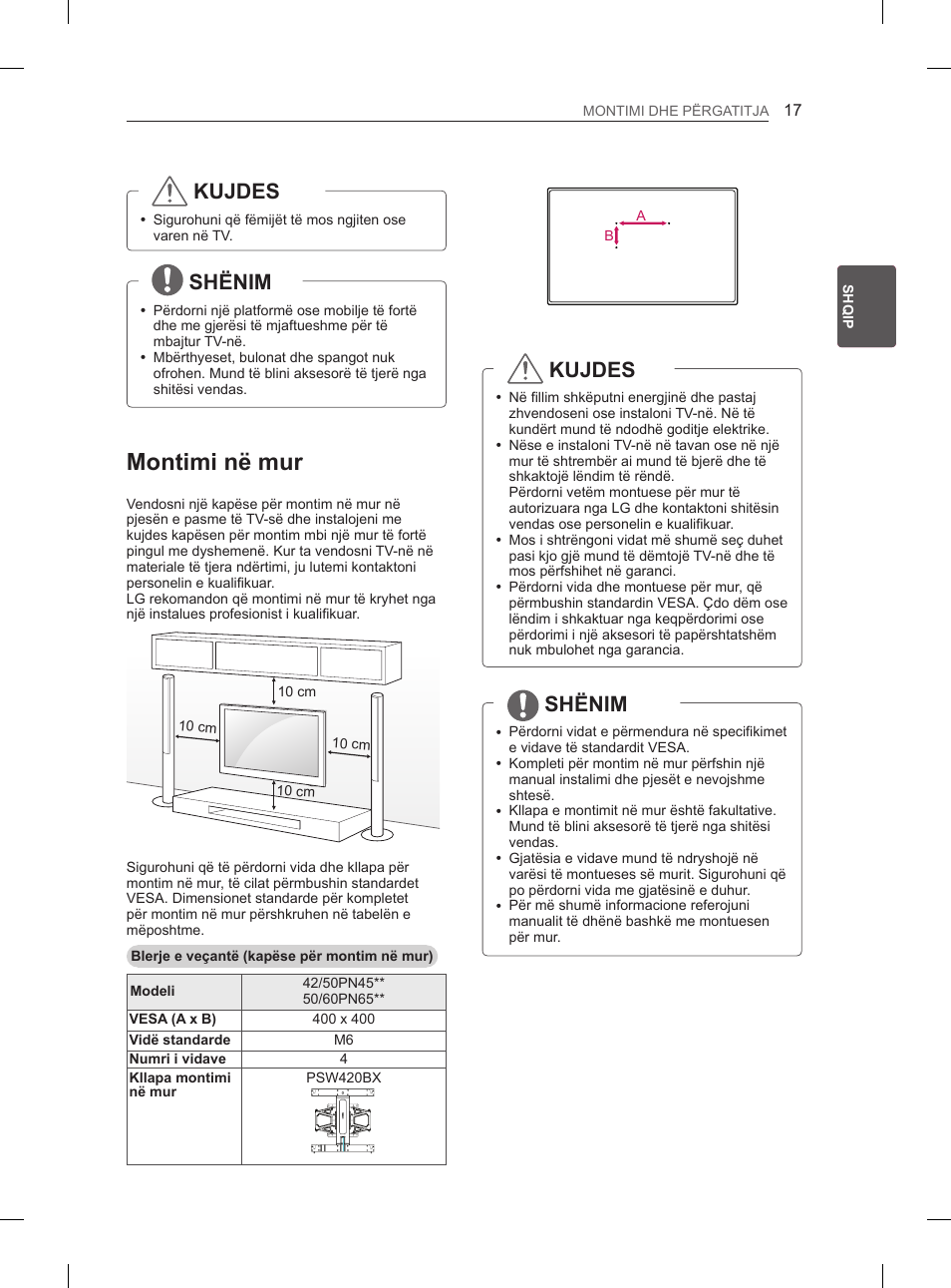 Montimi në mur, Kujdes, Shënim | LG 50PN6500 User Manual | Page 244 / 371