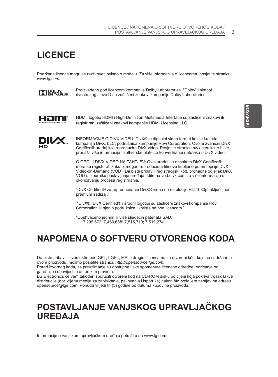 Licence, Napomena o softveru otvorenog koda, Postavljanje vanjskog upravljačkog uređaja | LG 50PN6500 User Manual | Page 250 / 371