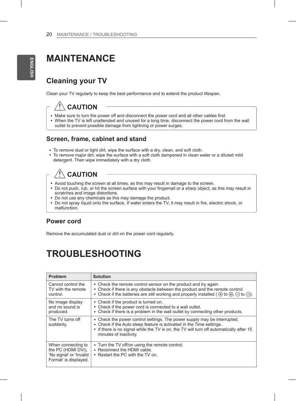 Maintenance, Troubleshooting, Cleaning your tv | Caution, Screen, frame, cabinet and stand, Power cord | LG 50PN6500 User Manual | Page 27 / 371