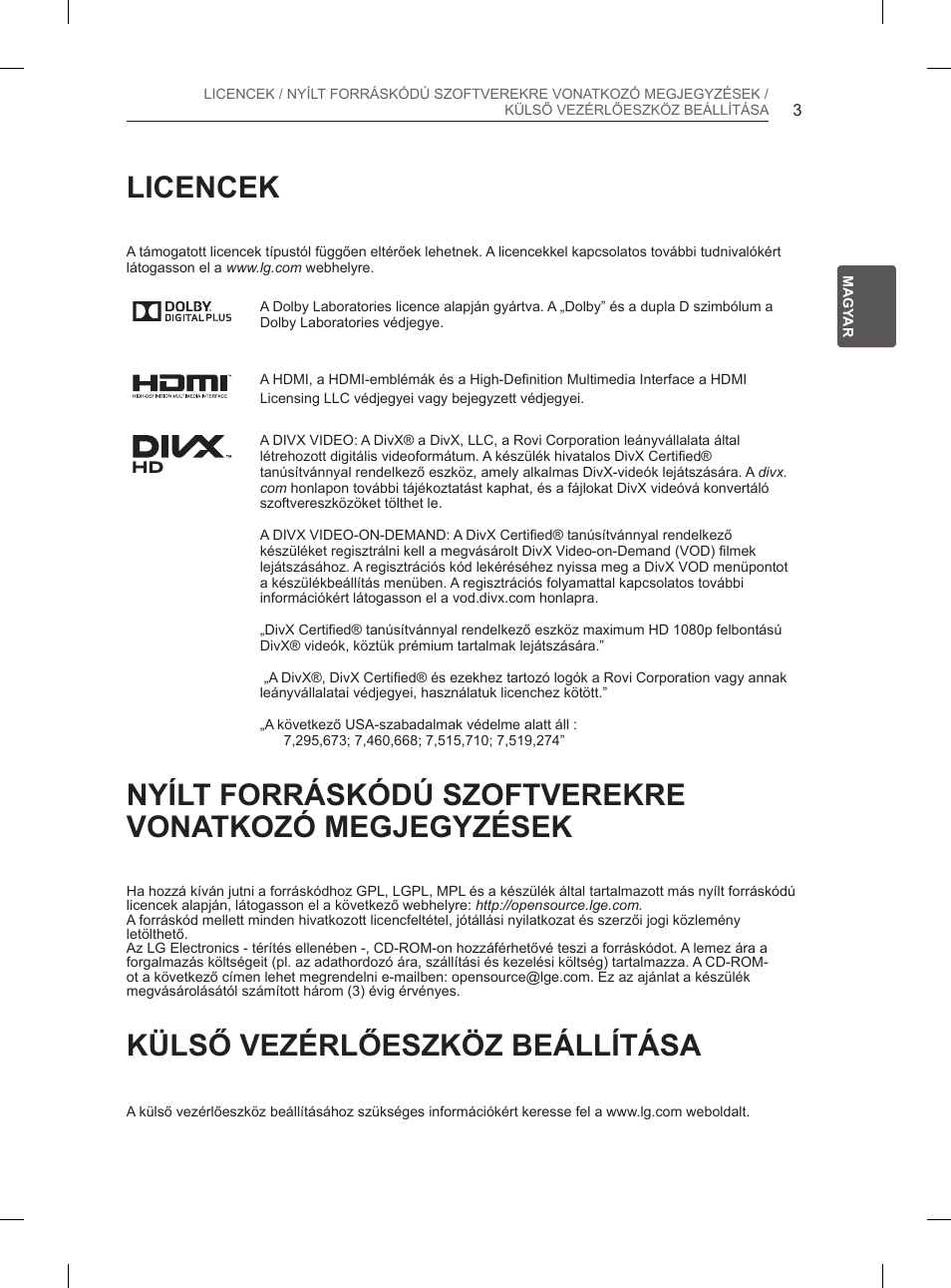 Licencek, Külső vezérlőeszköz beállítása | LG 50PN6500 User Manual | Page 30 / 371