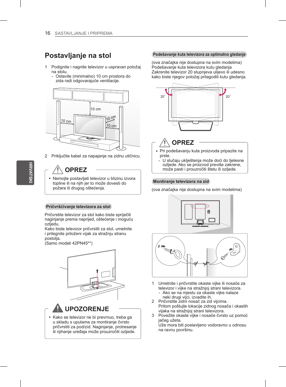 Postavljanje na stol, Oprez, Upozorenje | LG 50PN6500 User Manual | Page 303 / 371