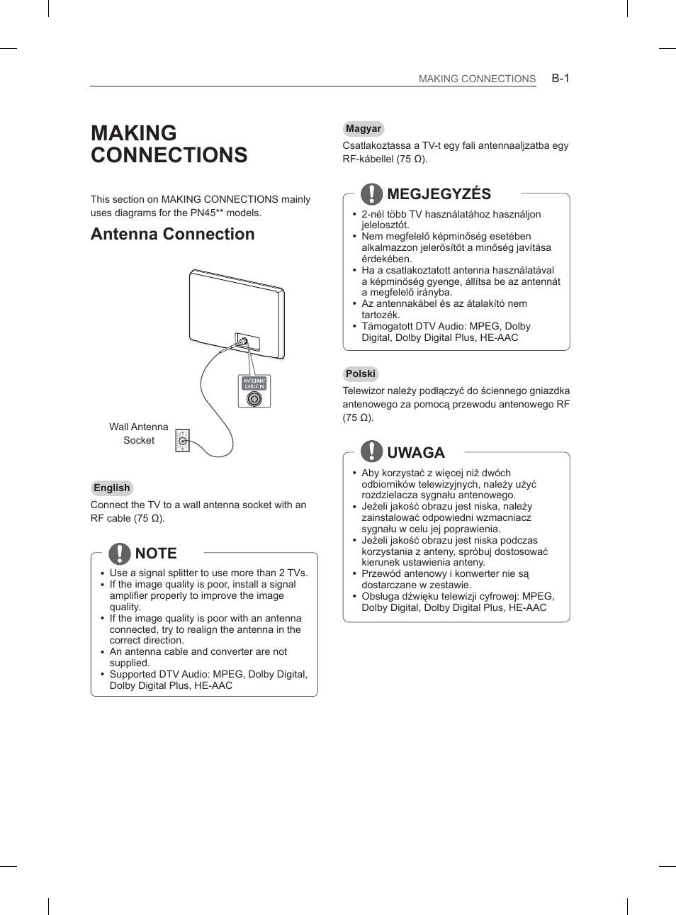 B-connection_ee, Making connections, Antenna connection | Megjegyzés, Uwaga | LG 50PN6500 User Manual | Page 328 / 371