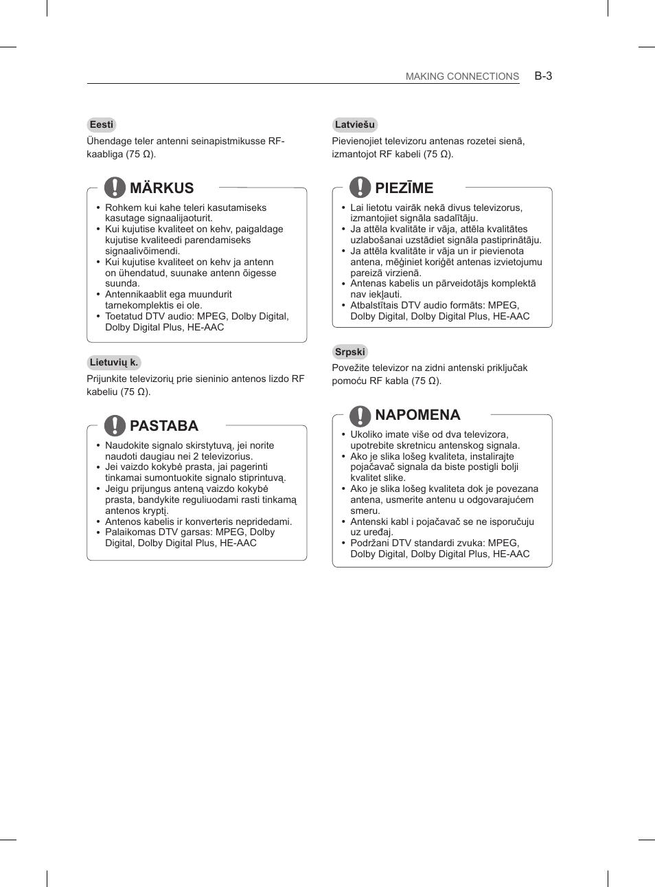 Märkus, Pastaba, Piezīme | Napomena | LG 50PN6500 User Manual | Page 330 / 371