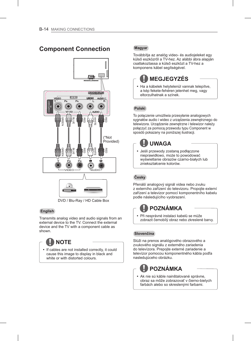 Component connection, Megjegyzés, Uwaga | Poznámka | LG 50PN6500 User Manual | Page 341 / 371