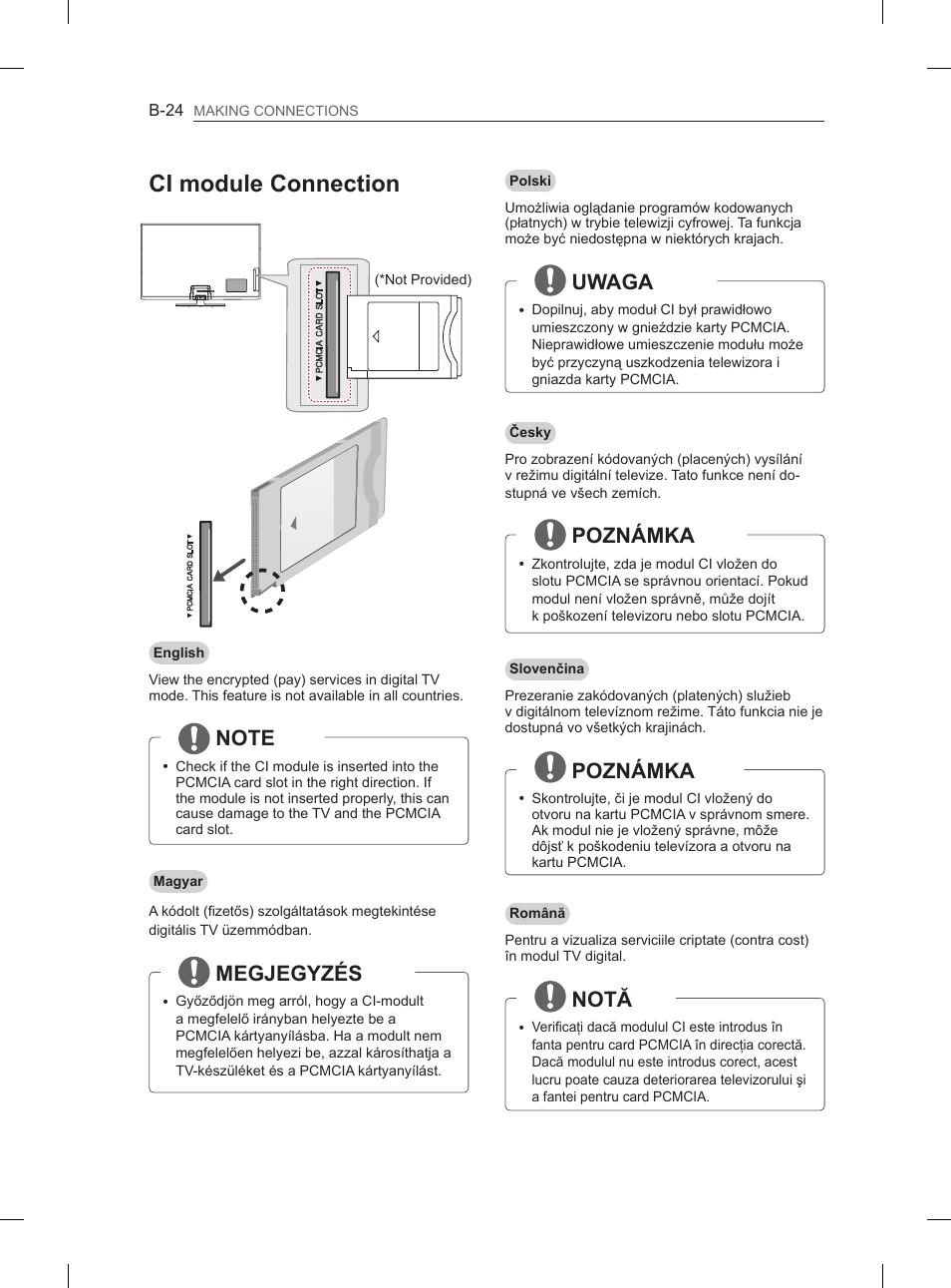 Ci module connection, Megjegyzés, Uwaga | Poznámka, Notă | LG 50PN6500 User Manual | Page 351 / 371