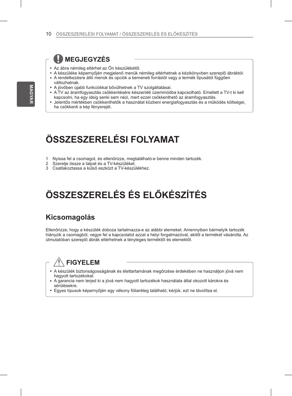 Összeszerelési folyamat, Összeszerelés és előkészítés, Kicsomagolás | Megjegyzés, Figyelem | LG 50PN6500 User Manual | Page 37 / 371