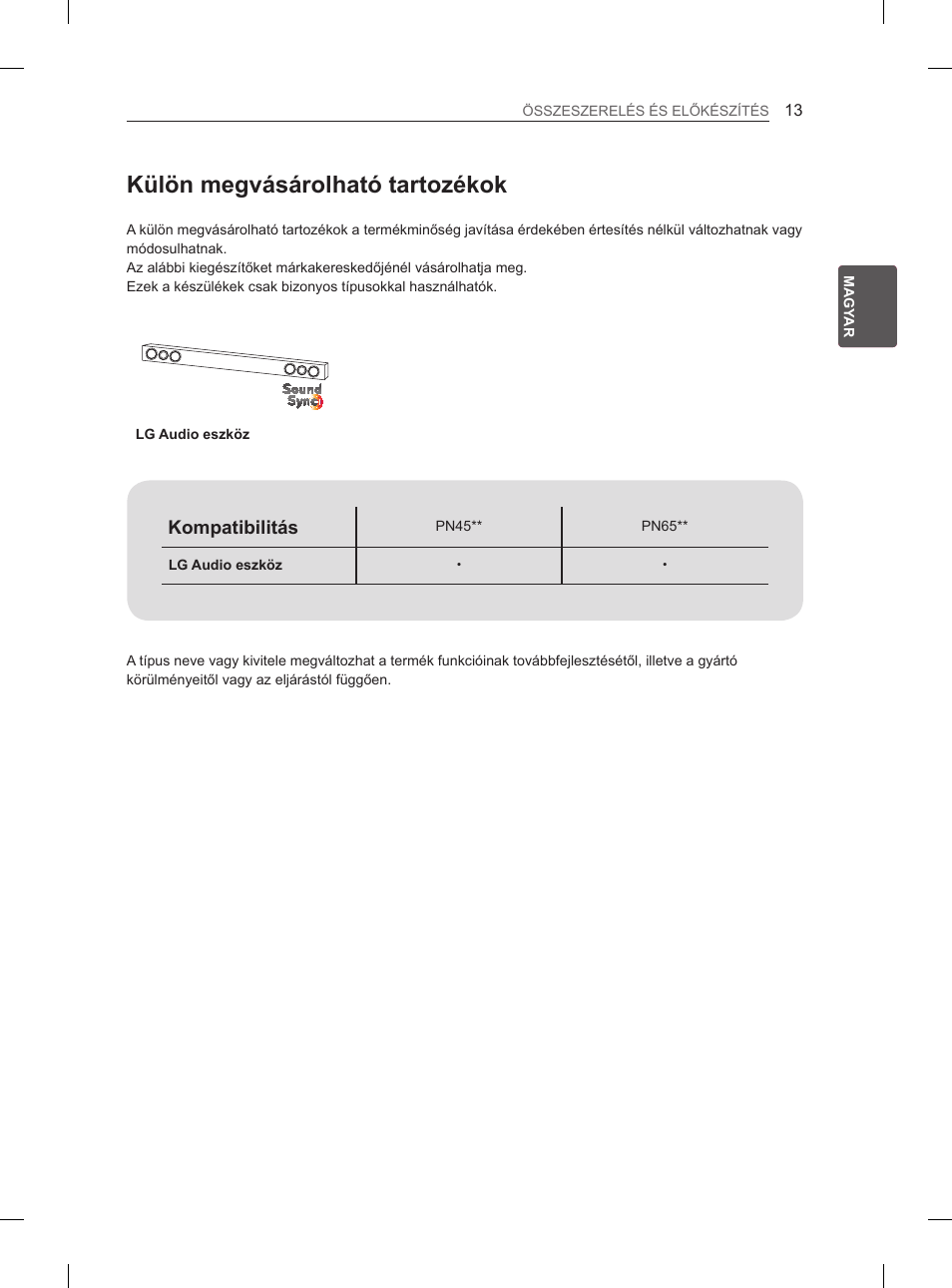 Külön megvásárolható tartozékok | LG 50PN6500 User Manual | Page 40 / 371