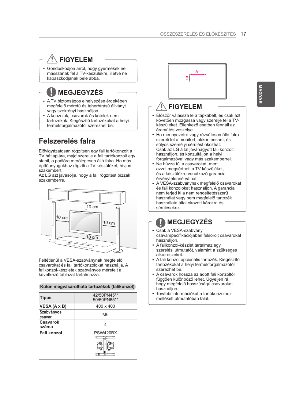 Felszerelés falra, Figyelem, Megjegyzés | LG 50PN6500 User Manual | Page 44 / 371