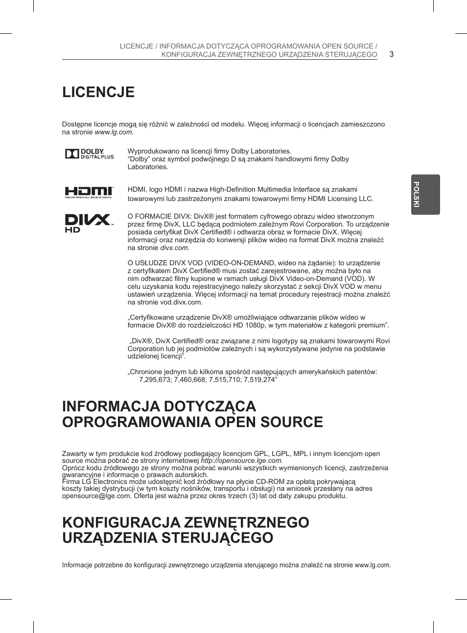 Licencje, Informacja dotycząca oprogramowania open source, Konfiguracja zewnętrznego urządzenia sterującego | LG 50PN6500 User Manual | Page 50 / 371