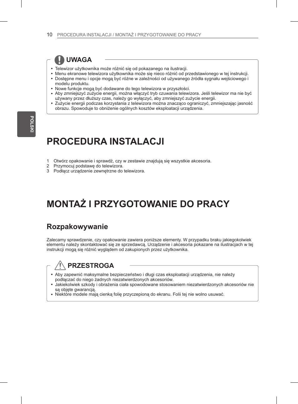 Procedura instalacji, Montaż i przygotowanie do pracy, Rozpakowywanie | Uwaga, Przestroga | LG 50PN6500 User Manual | Page 57 / 371