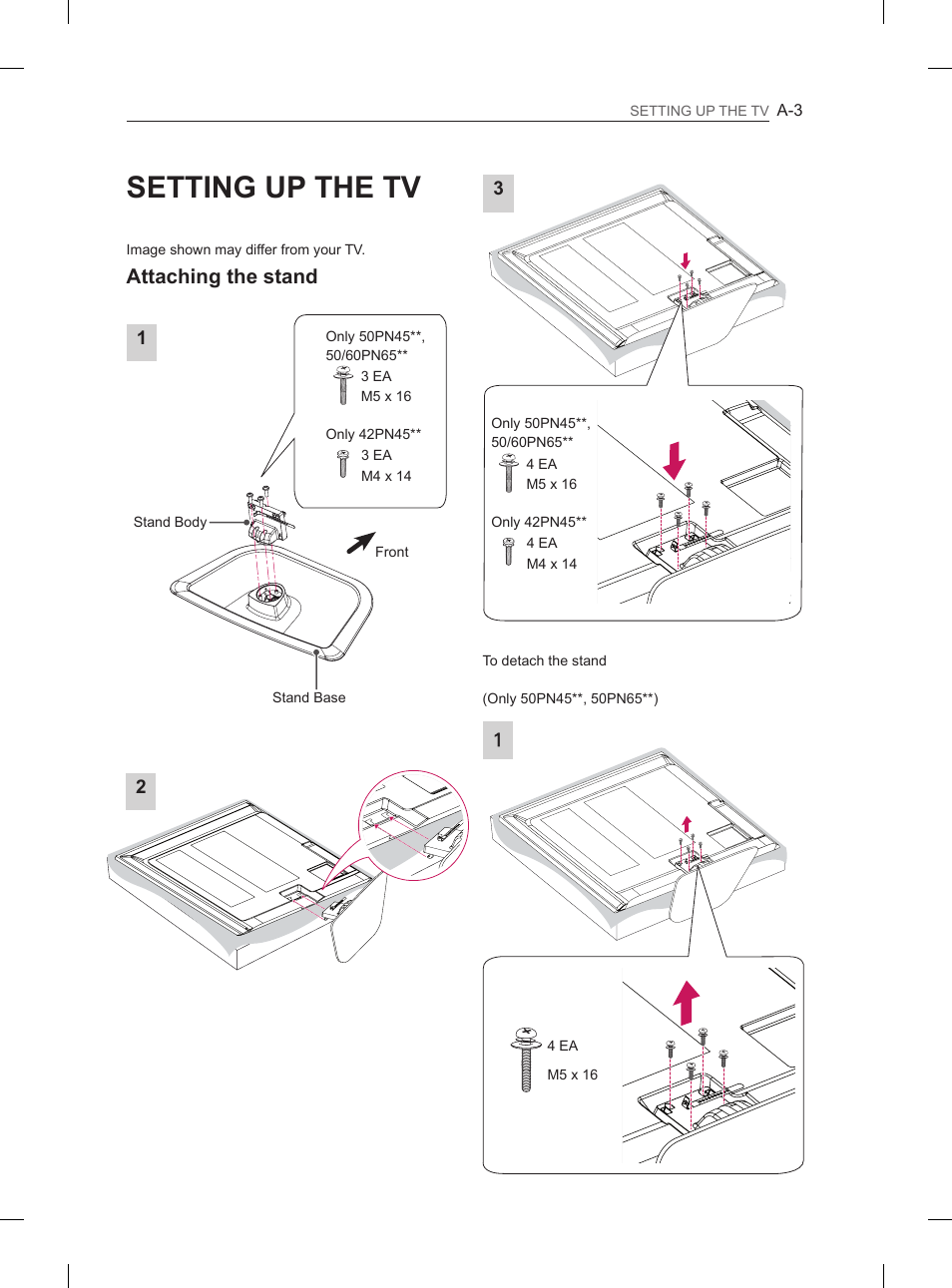 Setting up the tv, Attaching the stand | LG 50PN6500 User Manual | Page 6 / 371