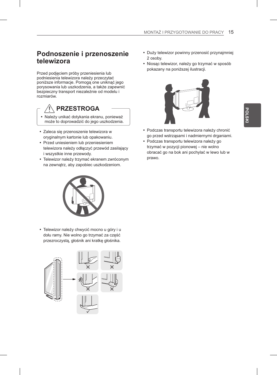 Podnoszenie i przenoszenie telewizora, Przestroga | LG 50PN6500 User Manual | Page 62 / 371