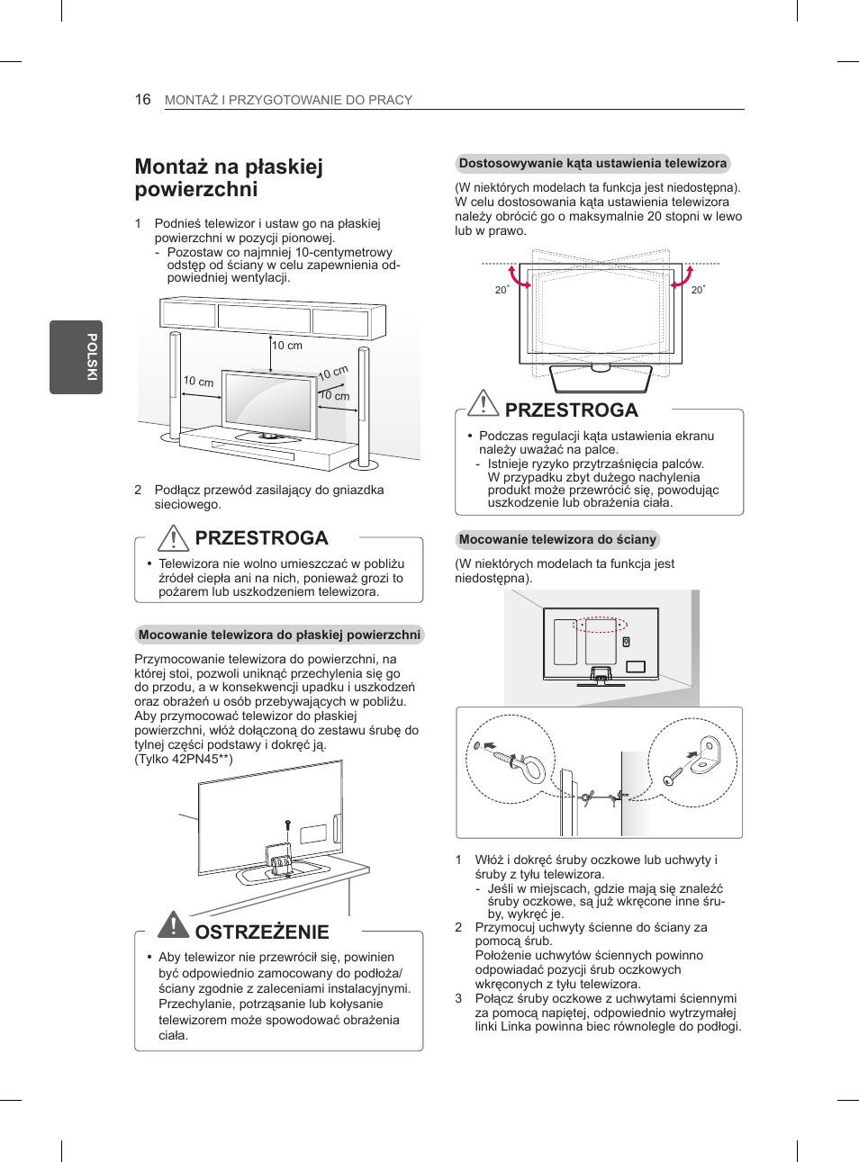 Montaż na płaskiej powierzchni, Przestroga, Ostrzeżenie | LG 50PN6500 User Manual | Page 63 / 371