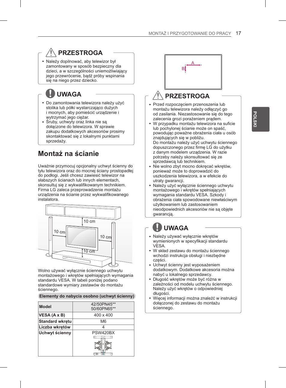 Montaż na ścianie, Przestroga, Uwaga | LG 50PN6500 User Manual | Page 64 / 371