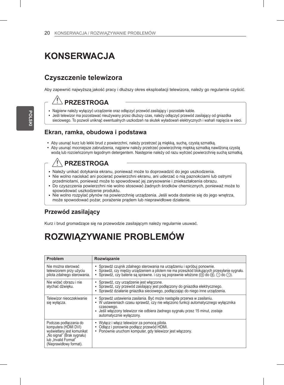 Konserwacja, Rozwiązywanie problemów, Czyszczenie telewizora | Przestroga, Ekran, ramka, obudowa i podstawa, Przewód zasilający | LG 50PN6500 User Manual | Page 67 / 371