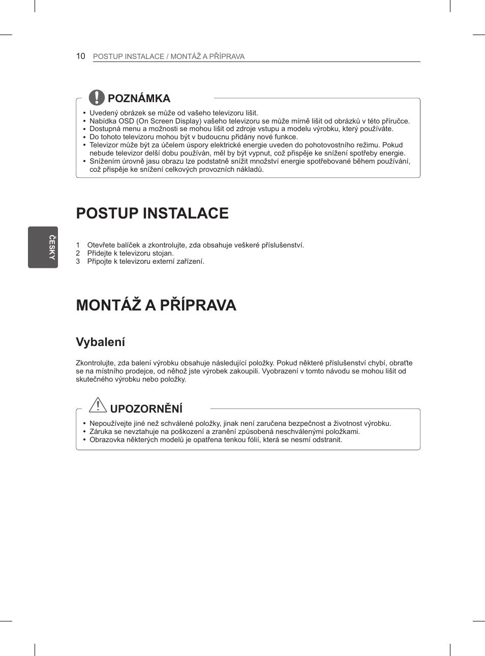 Postup instalace, Montáž a příprava, Vybalení | Poznámka, Upozornění | LG 50PN6500 User Manual | Page 77 / 371