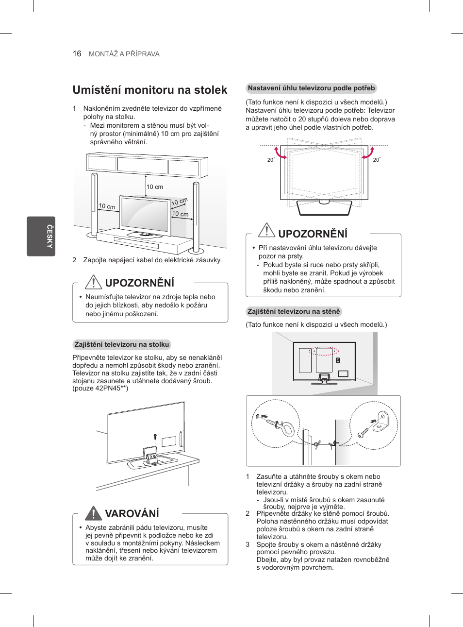 Umístění monitoru na stolek, Upozornění, Varování | LG 50PN6500 User Manual | Page 83 / 371