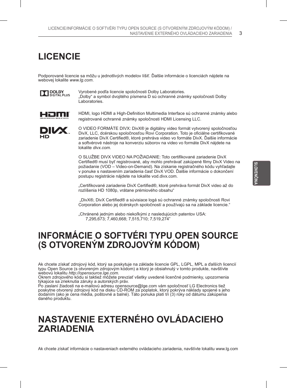 Licencie, Nastavenie externého ovládacieho zariadenia | LG 50PN6500 User Manual | Page 90 / 371