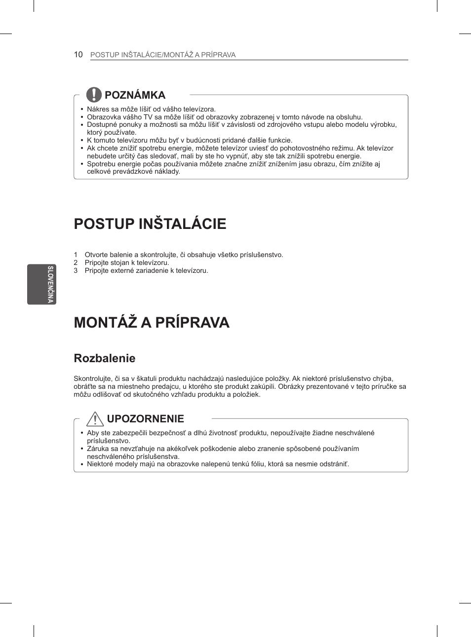 Postup inštalácie, Montáž a príprava, Rozbalenie | Poznámka, Upozornenie | LG 50PN6500 User Manual | Page 97 / 371