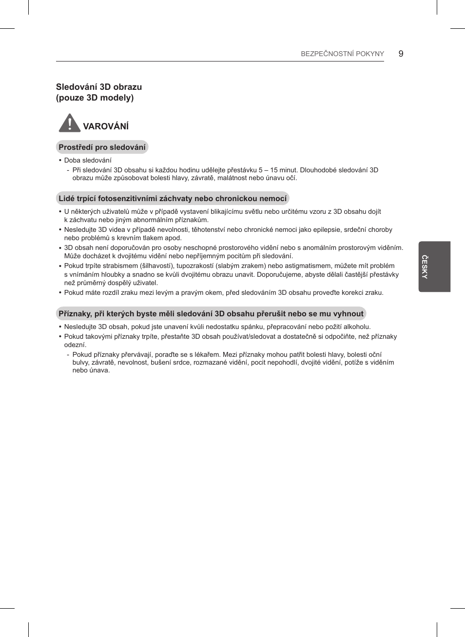 Sledování 3d obrazu (pouze 3d modely) varování | LG 55LB561V User Manual | Page 117 / 480