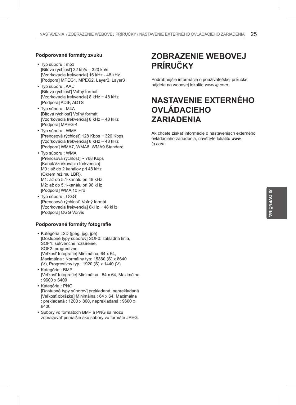 Zobrazenie webovej príručky, Nastavenie externého ovládacieho zariadenia | LG 55LB561V User Manual | Page 161 / 480