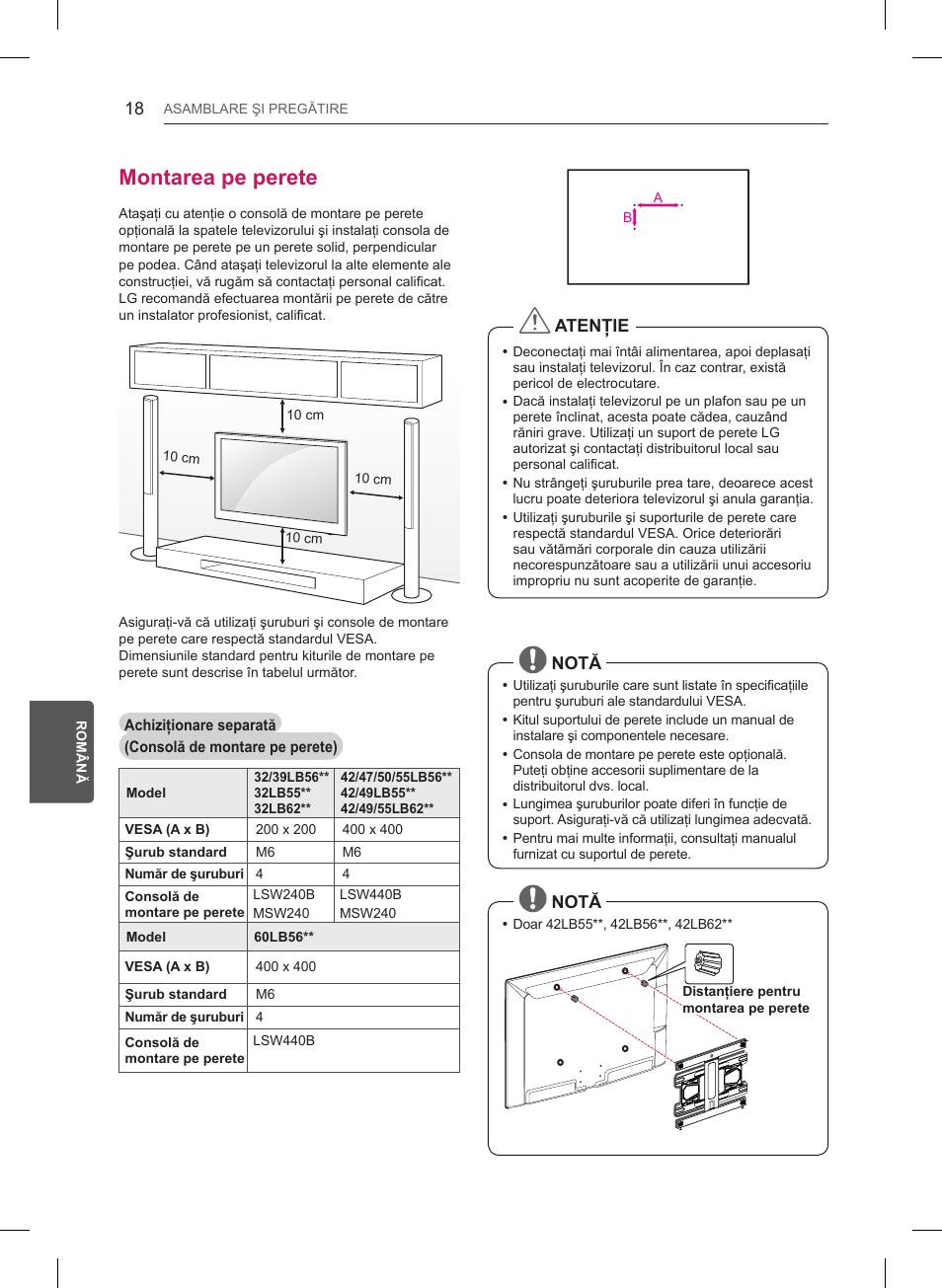 Montarea pe perete, Atenţie, Notă | LG 55LB561V User Manual | Page 182 / 480