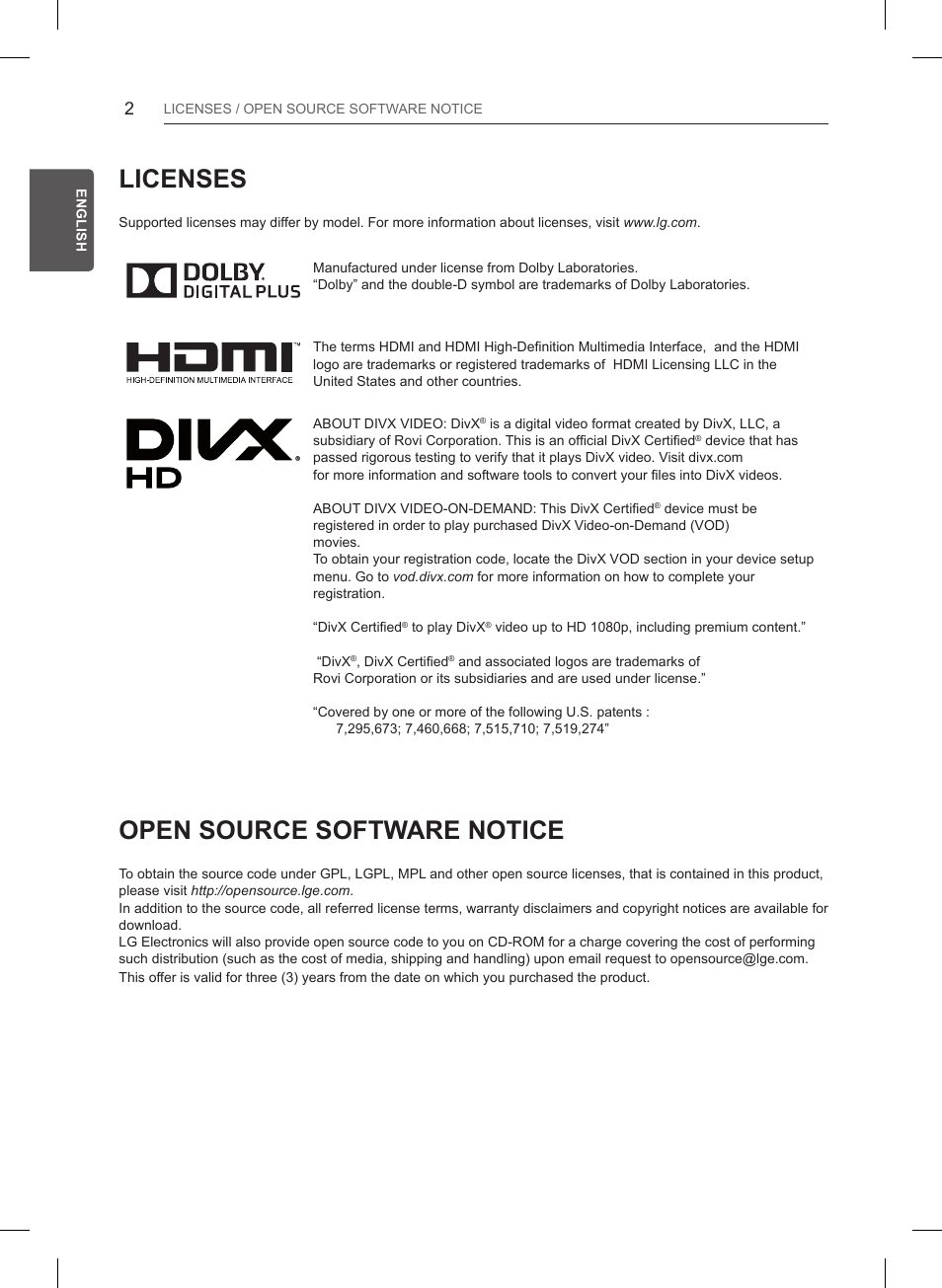 Licenses, Open source software notice | LG 55LB561V User Manual | Page 26 / 480