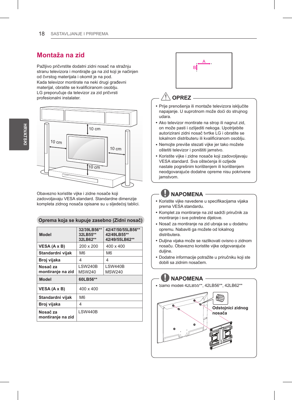 Montaža na zid, Oprez, Napomena | LG 55LB561V User Manual | Page 350 / 480