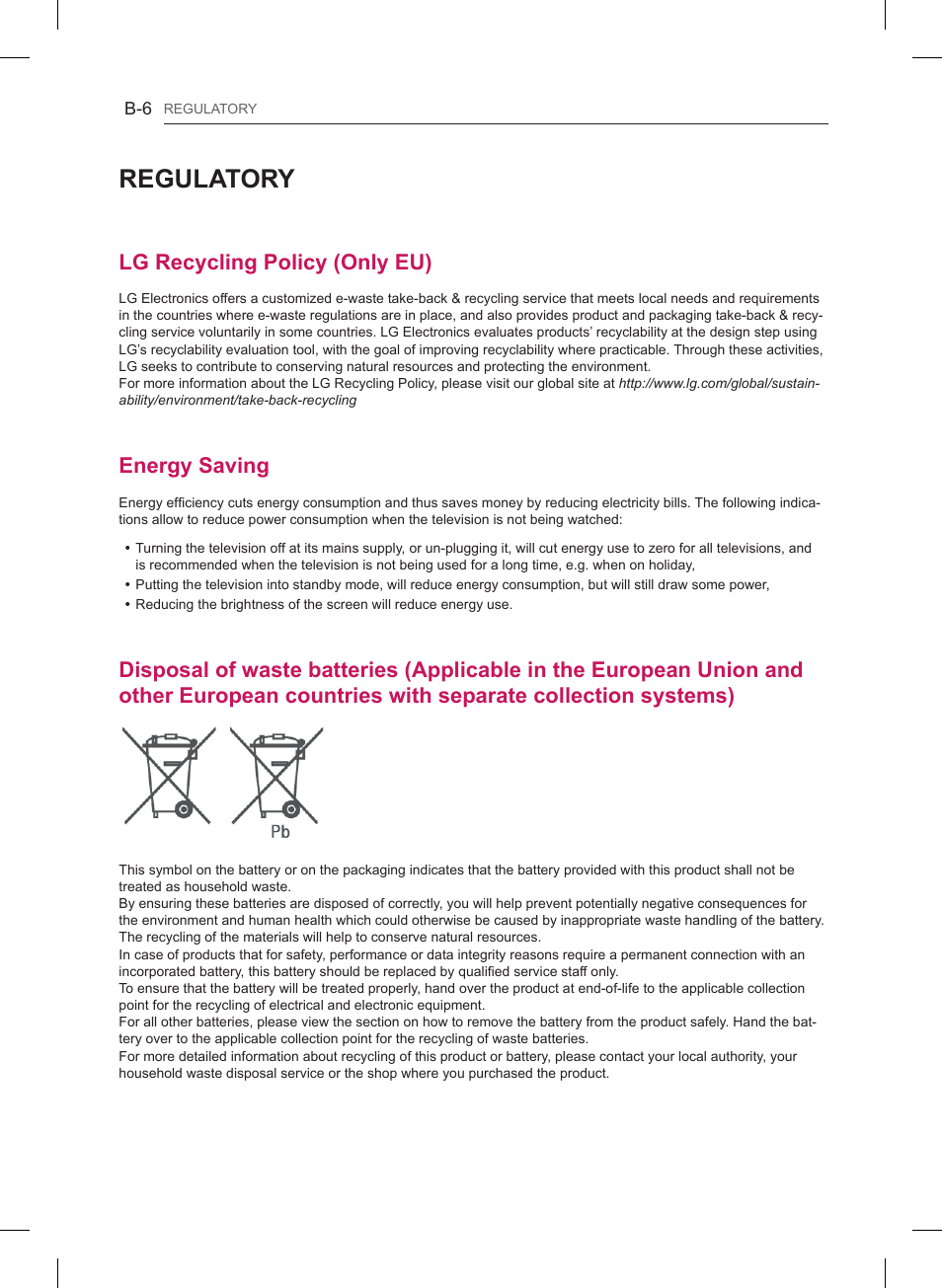 Regulatory, Lg recycling policy (only eu), Energy saving | LG 55LB561V User Manual | Page 478 / 480