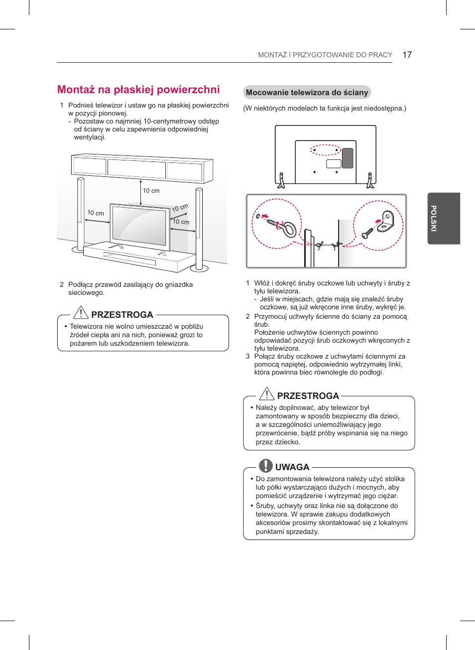 Montaż na płaskiej powierzchni, Przestroga, Uwaga | LG 55LB561V User Manual | Page 97 / 480