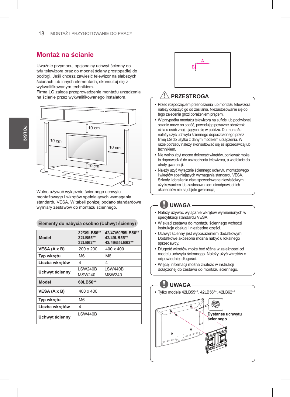 Montaż na ścianie, Przestroga, Uwaga | LG 55LB561V User Manual | Page 98 / 480