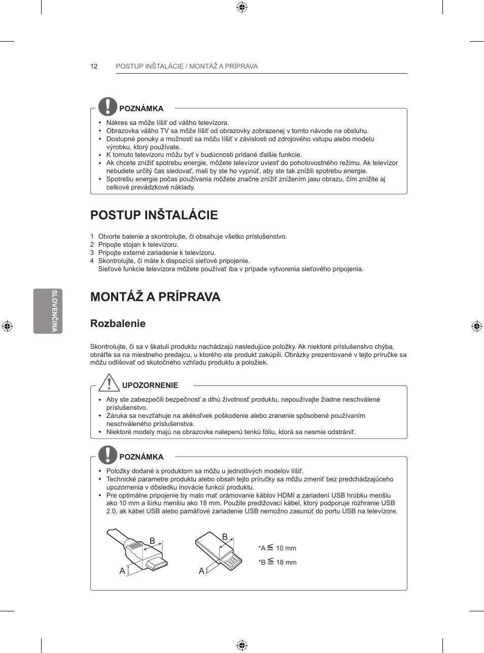 Postup inštalácie, Montáž a príprava, Rozbalenie | LG 42LB650V User Manual | Page 209 / 591