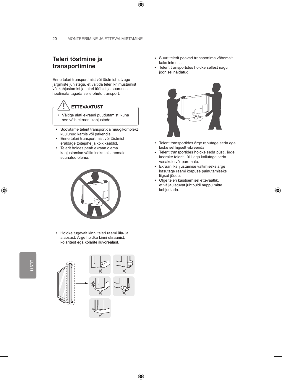 Teleri tõstmine ja transportimine | LG 42LB650V User Manual | Page 313 / 591