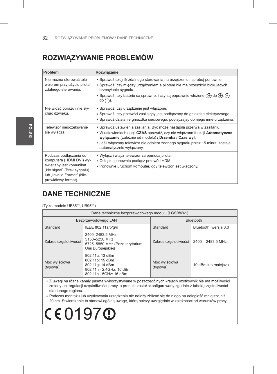 Rozwiązywanie problemów, Dane techniczne | LG 55UB850V User Manual | Page 159 / 607