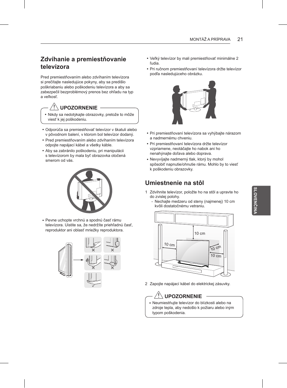 Zdvíhanie a premiestňovanie televízora, Umiestnenie na stôl | LG 55UB850V User Manual | Page 216 / 607