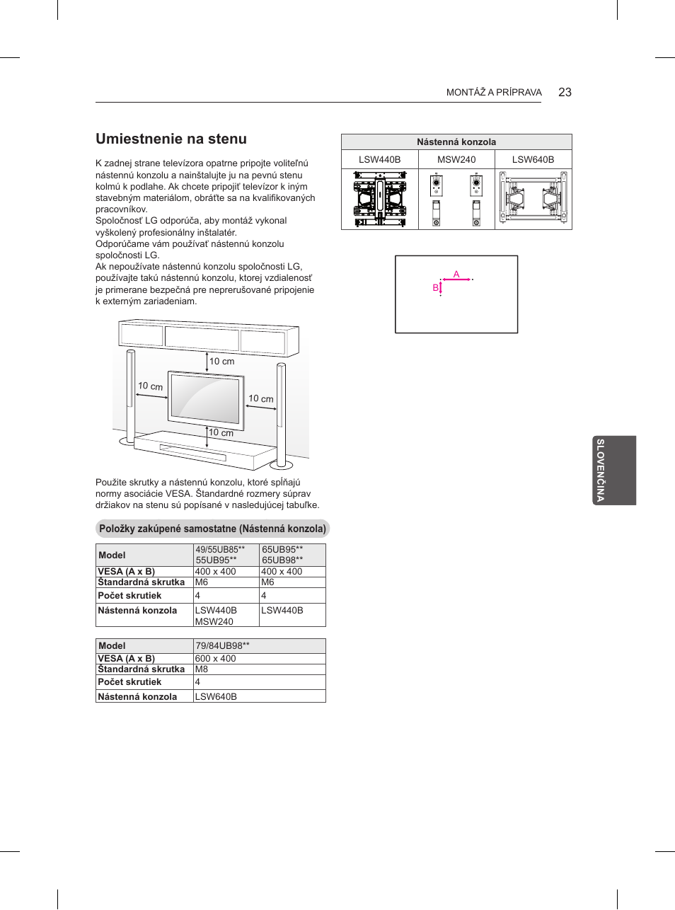 Umiestnenie na stenu | LG 55UB850V User Manual | Page 218 / 607