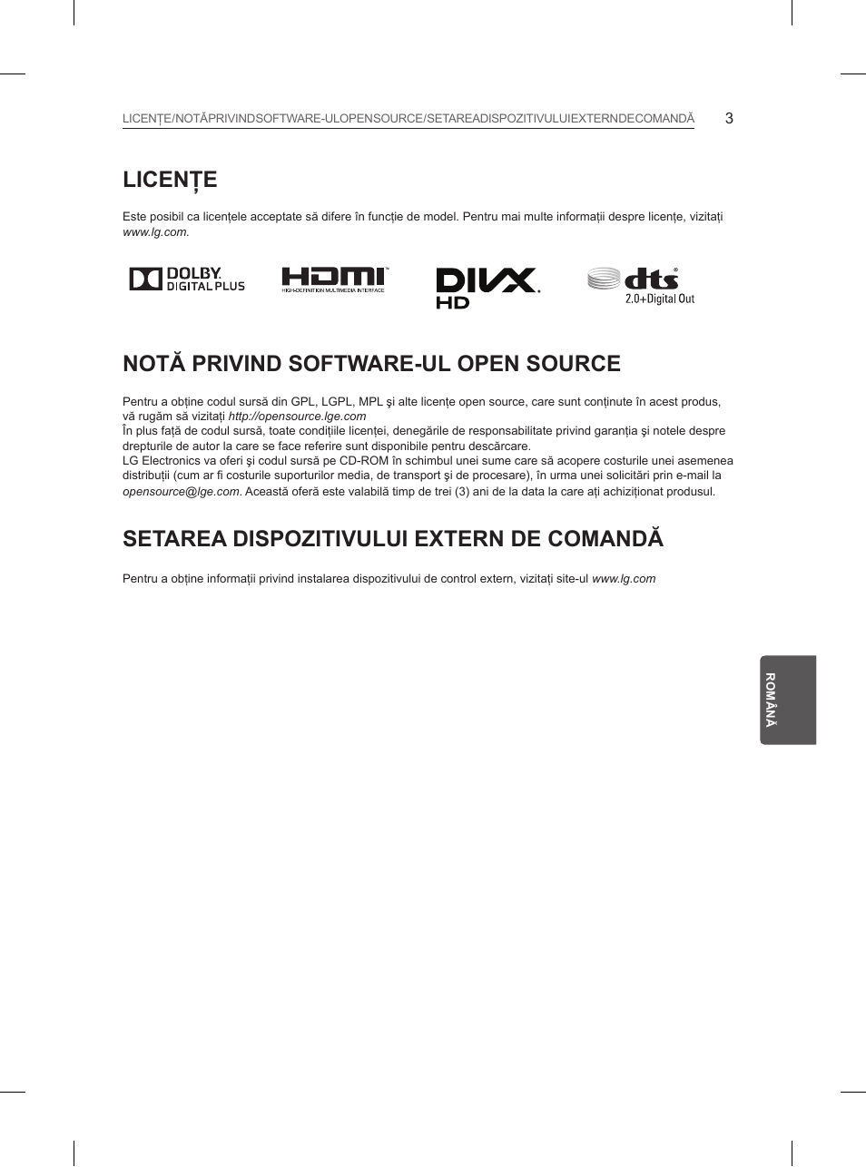 Licenţe, Notă privind software-ul open source, Setarea dispozitivului extern de comandă | LG 55UB850V User Manual | Page 232 / 607