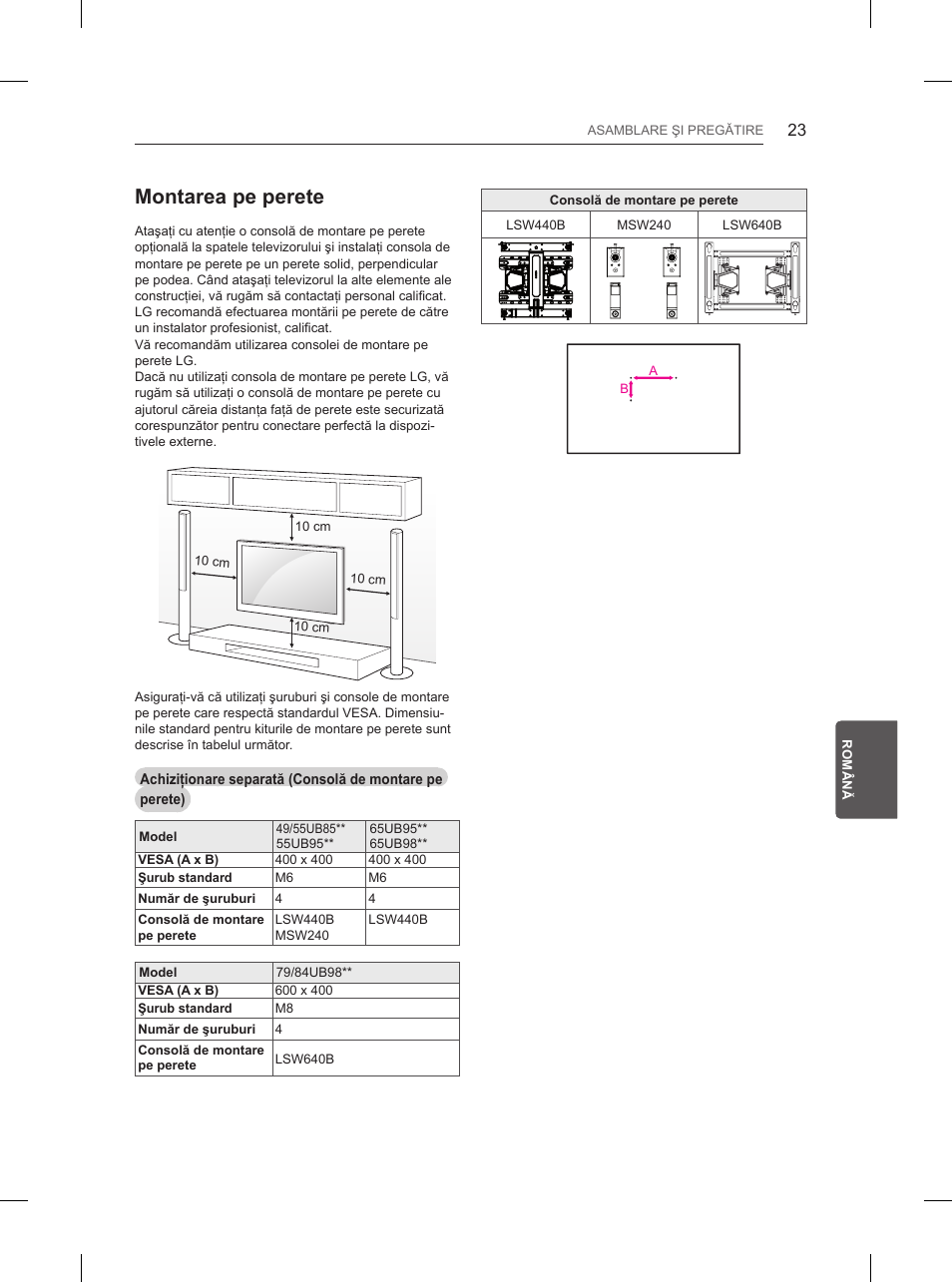 Montarea pe perete | LG 55UB850V User Manual | Page 252 / 607