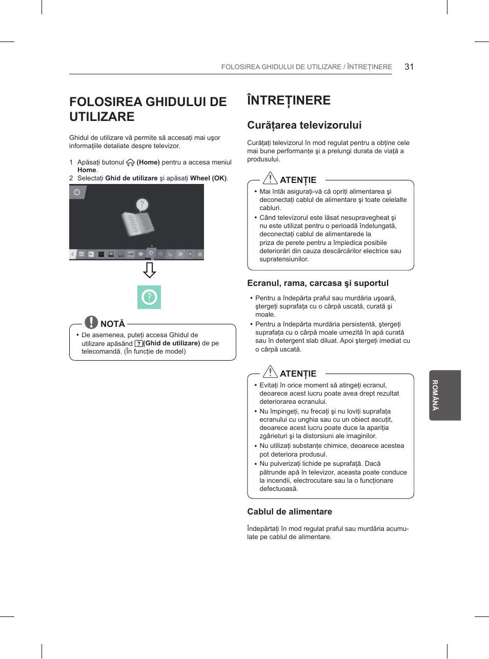 Folosirea ghidului de utilizare, Întreţinere, Curăţarea televizorului | LG 55UB850V User Manual | Page 260 / 607