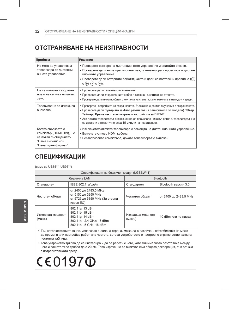 Отстраняване на неизправности, Спецификации | LG 55UB850V User Manual | Page 295 / 607