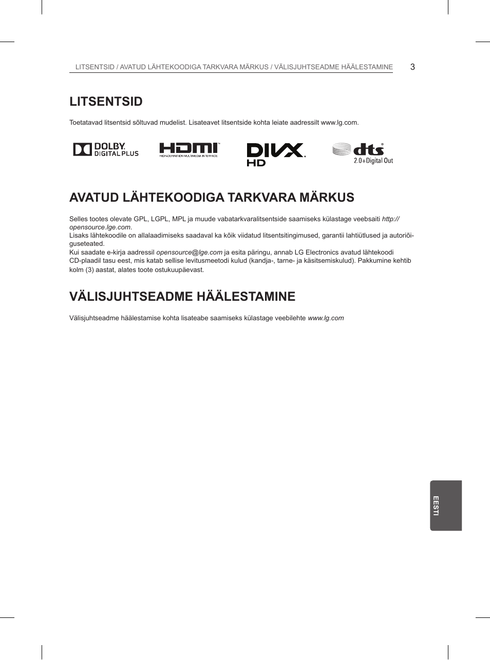 Litsentsid, Avatud lähtekoodiga tarkvara märkus, Välisjuhtseadme häälestamine | LG 55UB850V User Manual | Page 300 / 607