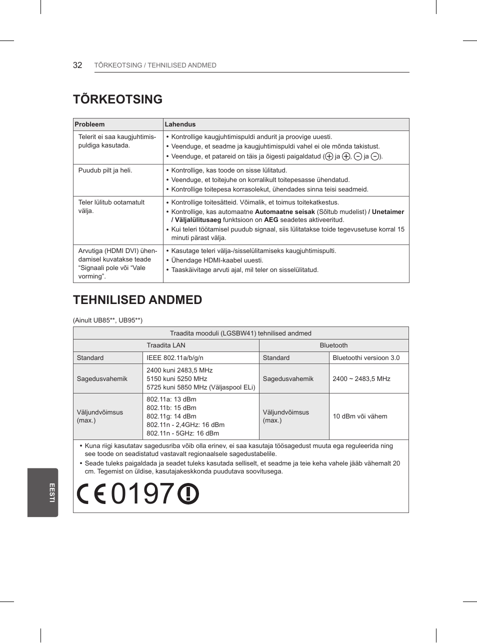 Tõrkeotsing, Tehnilised andmed | LG 55UB850V User Manual | Page 329 / 607