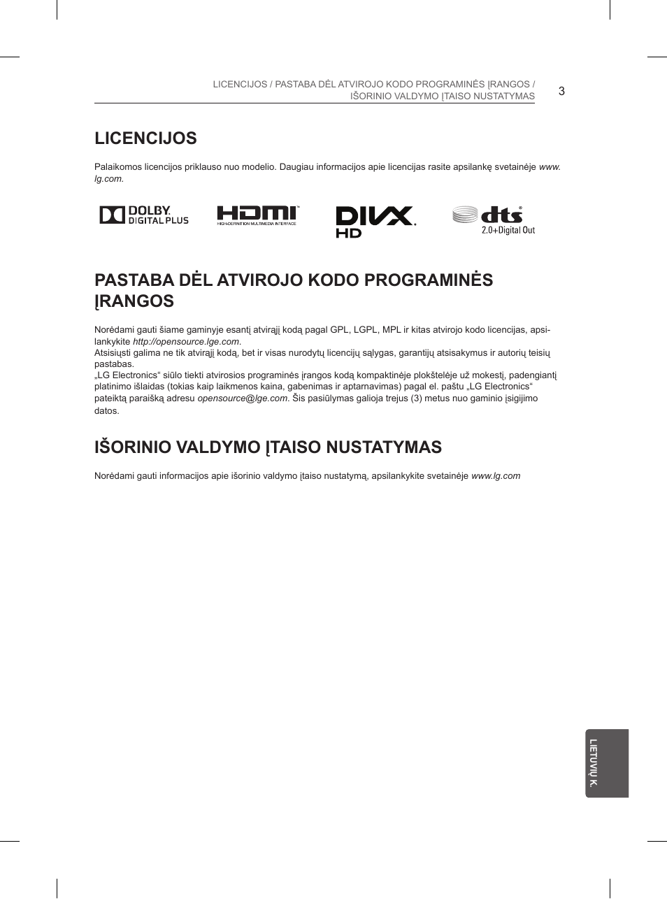 Licencijos, Pastaba dėl atvirojo kodo programinės įrangos, Išorinio valdymo įtaiso nustatymas | LG 55UB850V User Manual | Page 334 / 607