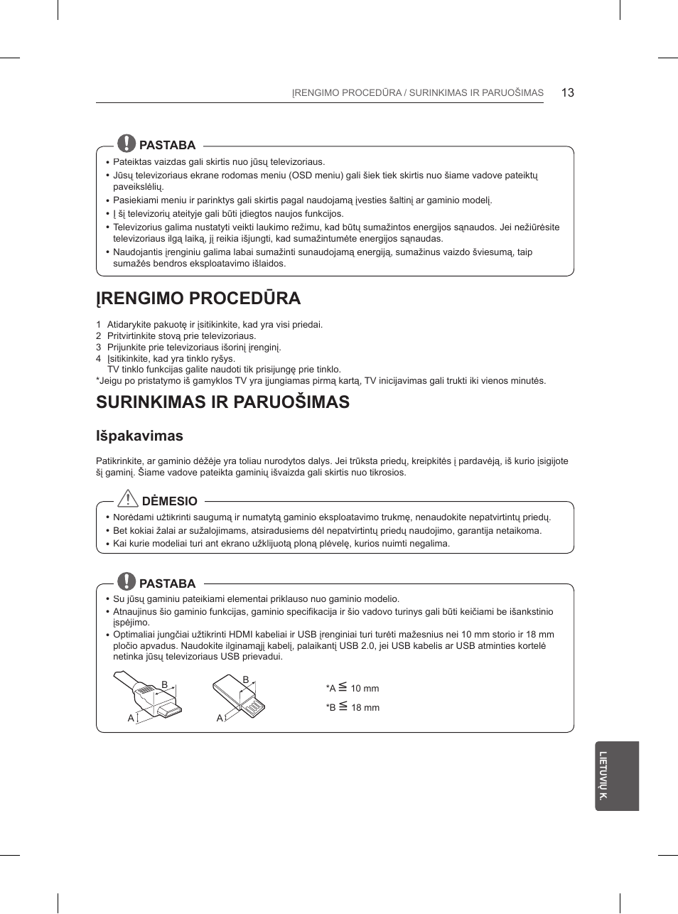 Įrengimo procedūra, Surinkimas ir paruošimas, Išpakavimas | LG 55UB850V User Manual | Page 344 / 607