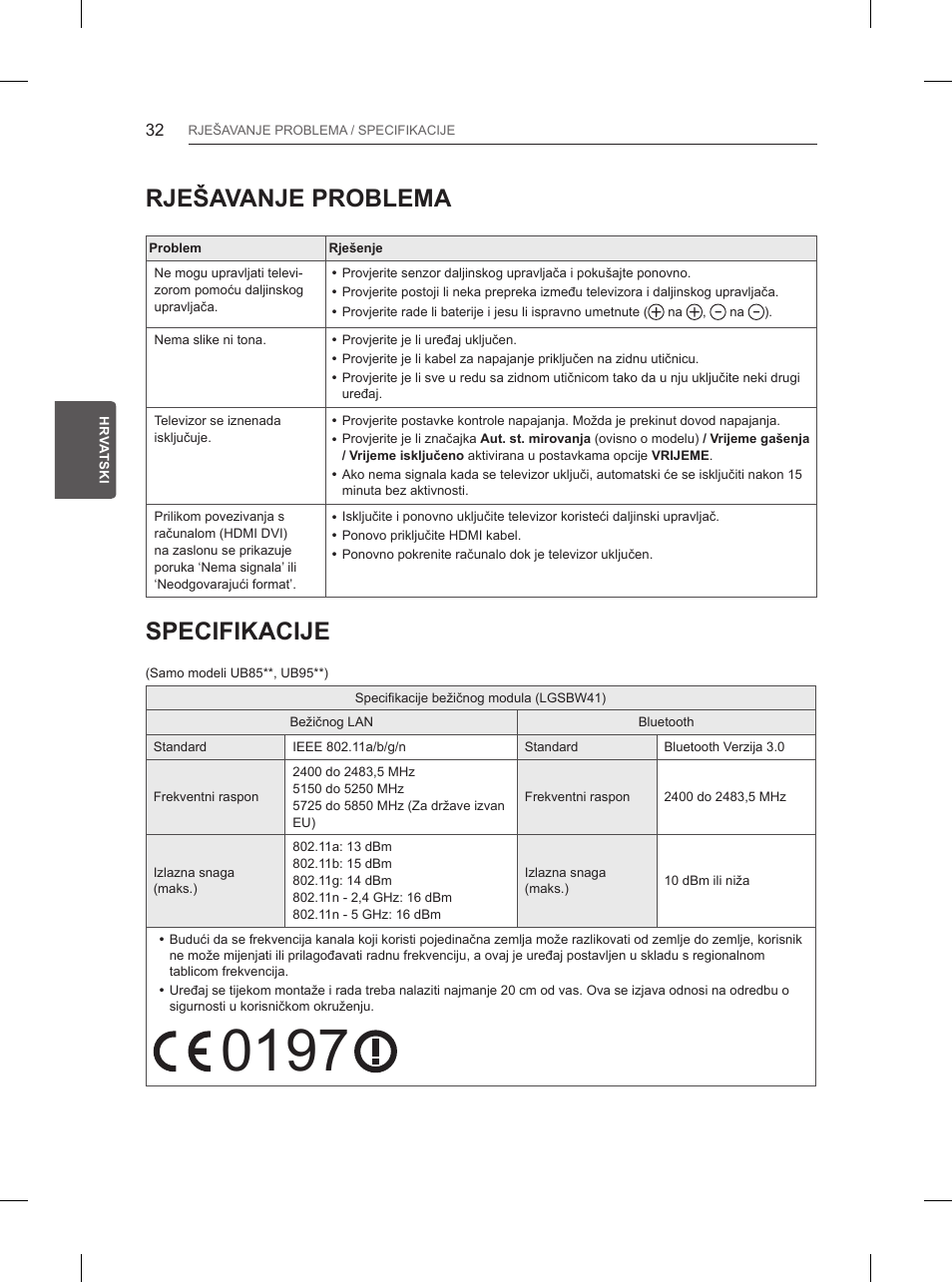 Rješavanje problema, Specifikacije | LG 55UB850V User Manual | Page 465 / 607