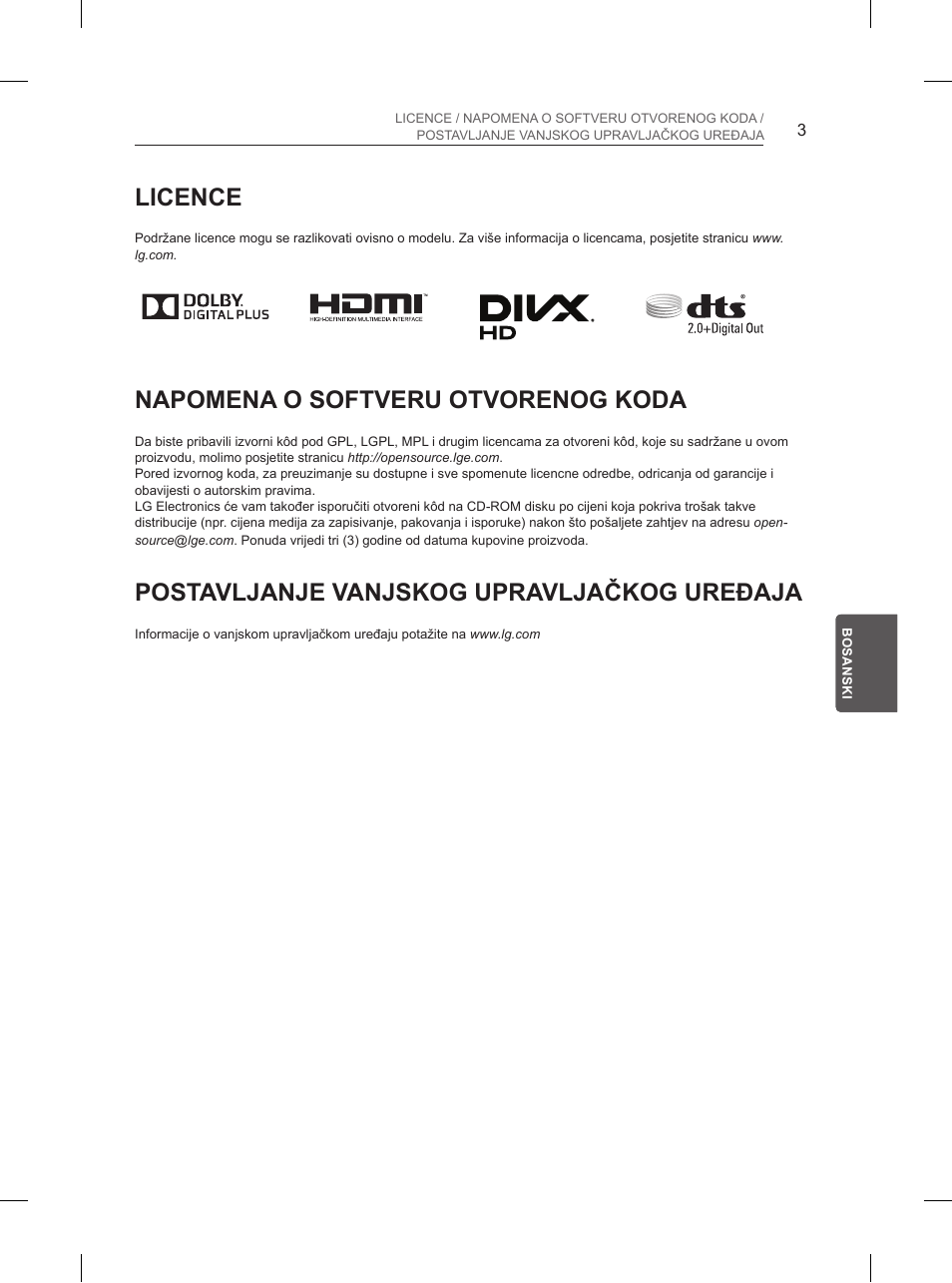 Licence, Napomena o softveru otvorenog koda, Postavljanje vanjskog upravljačkog uređaja | LG 55UB850V User Manual | Page 504 / 607