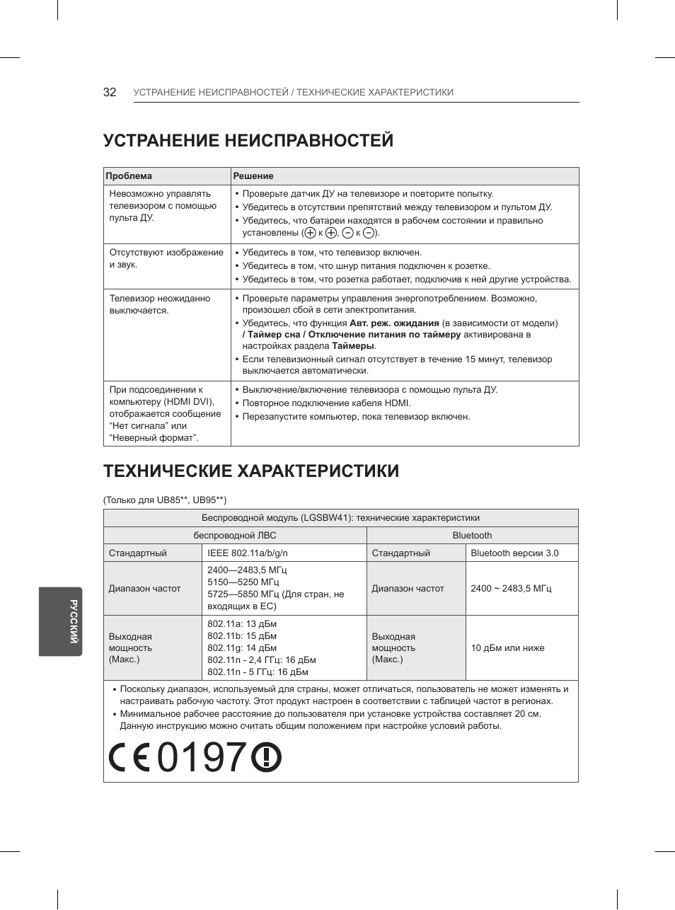 Устранение неисправностей, Технические характеристики | LG 55UB850V User Manual | Page 601 / 607