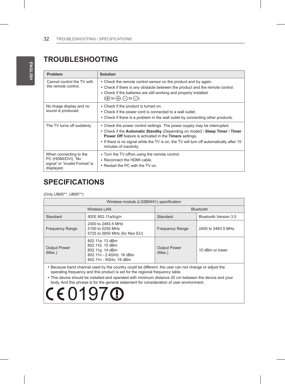 Troubleshooting, Specifications | LG 55UB850V User Manual | Page 91 / 607