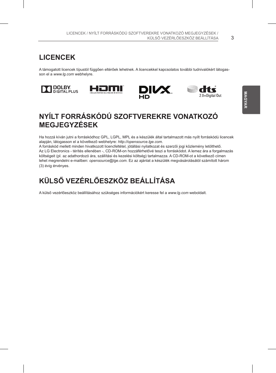 Licencek, Külső vezérlőeszköz beállítása | LG 55UB850V User Manual | Page 96 / 607