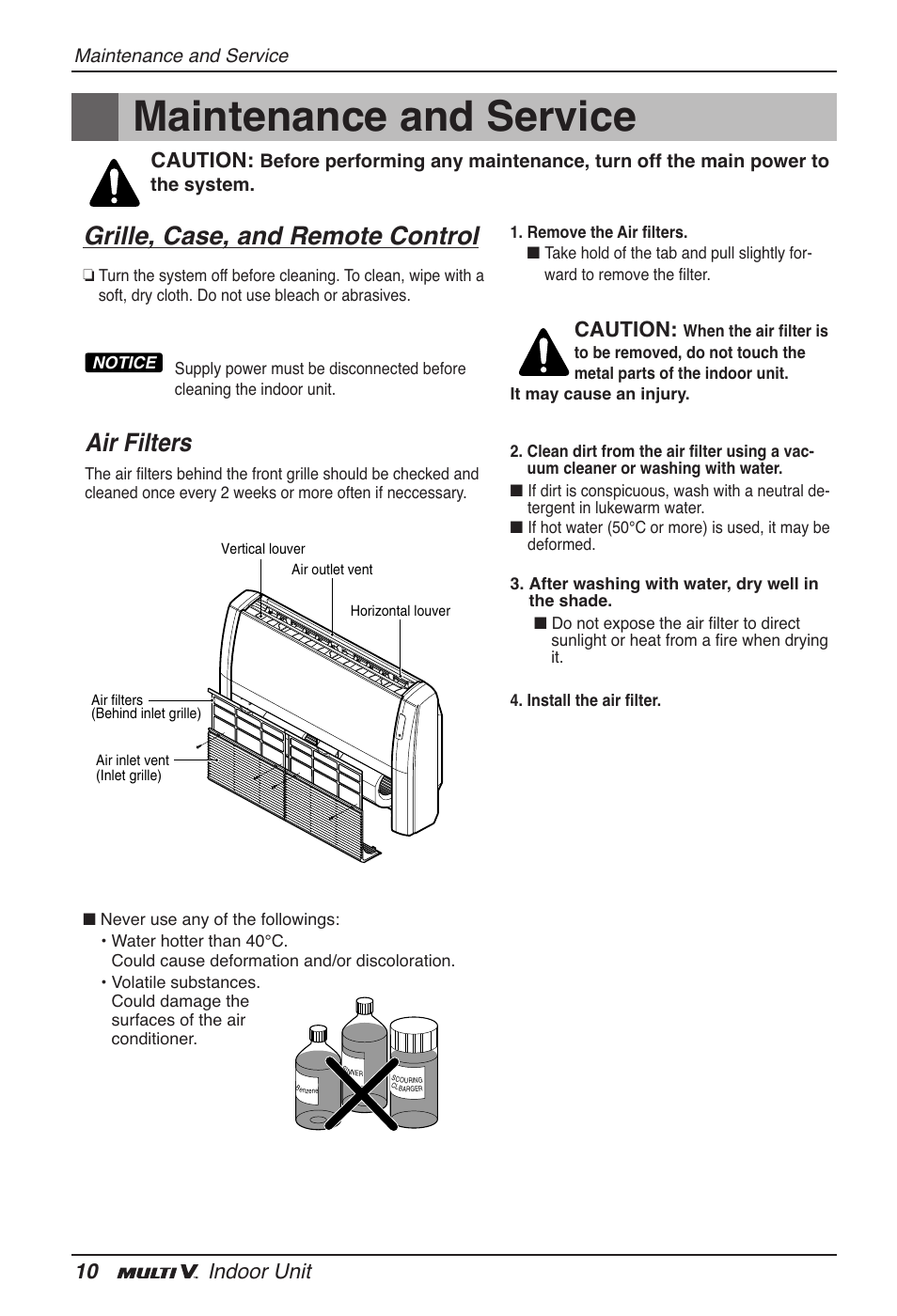 Maintenance and service, Grille, case, and remote control, Air filters | 10 indoor unit, Caution | LG ARNU18GVJA2 User Manual | Page 10 / 205